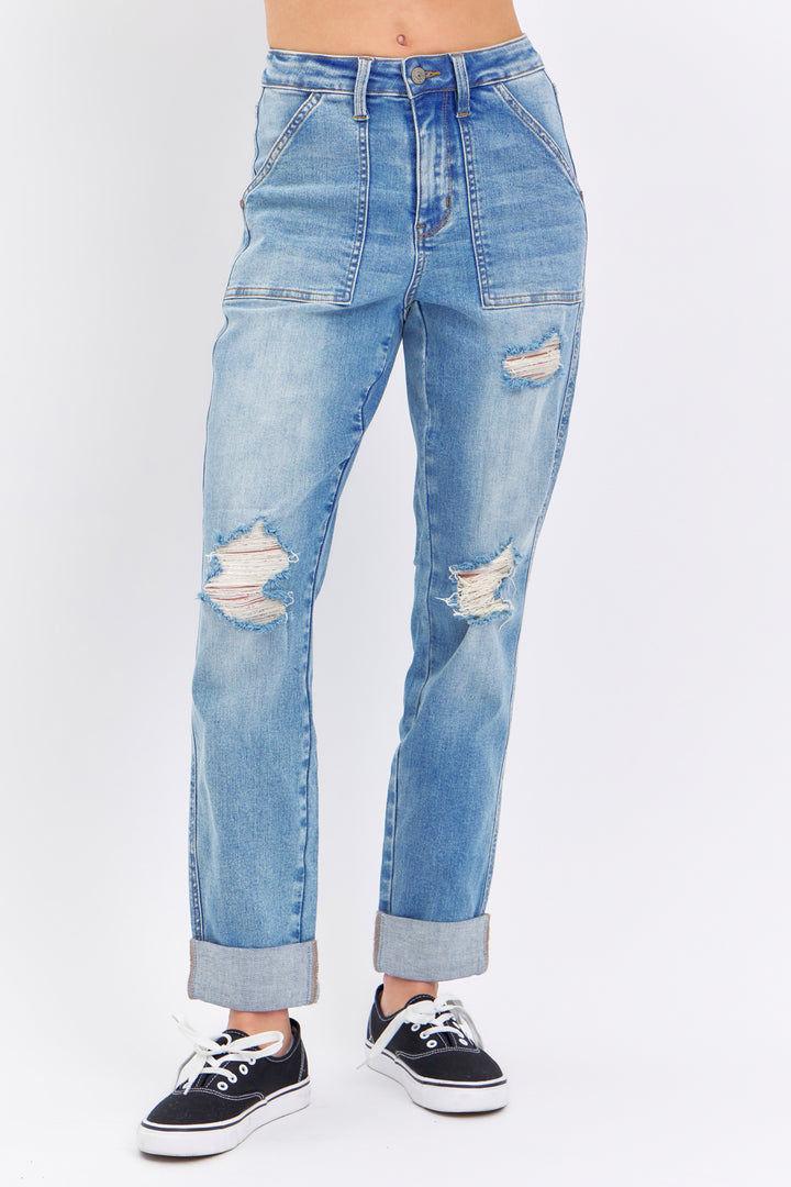 Judy Blue High Waist Patch Pocket Distressed Boyfriend Jean