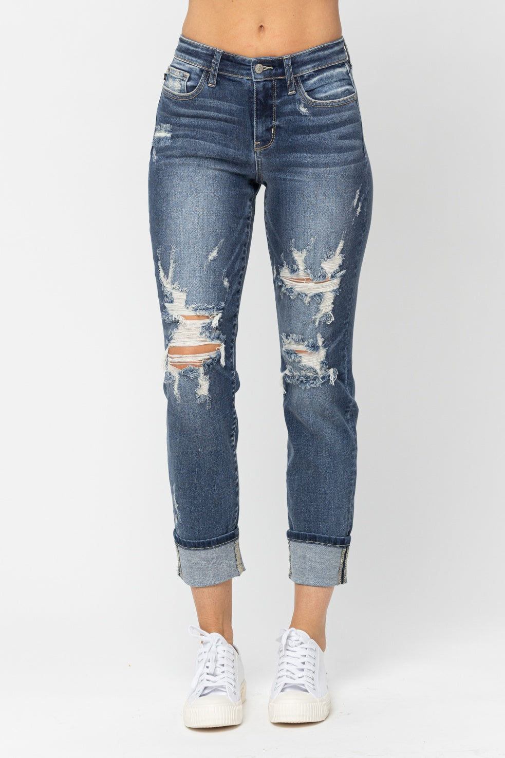 Judy Blue Women's Mid-Rise Cuffed Distressed Boyfriend Jeans