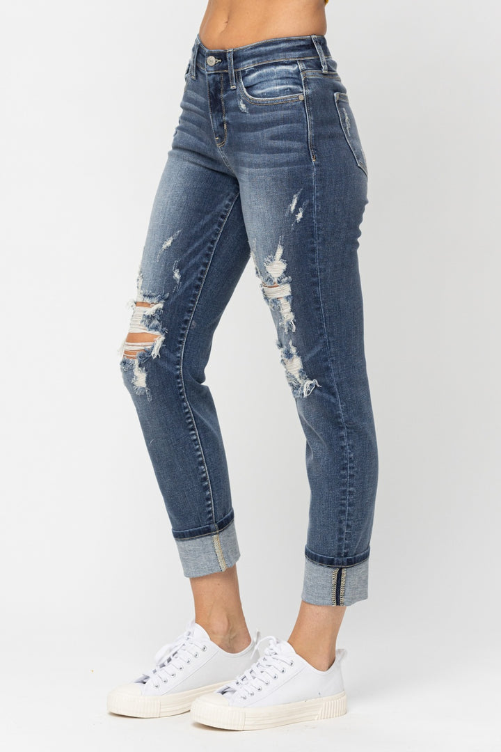 Judy Blue Women's Mid-Rise Cuffed Distressed Boyfriend Jeans