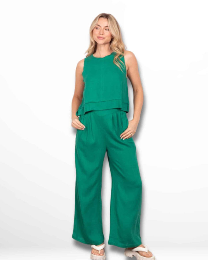 Solid Woven Linen Sleeveless Top & Pants Set