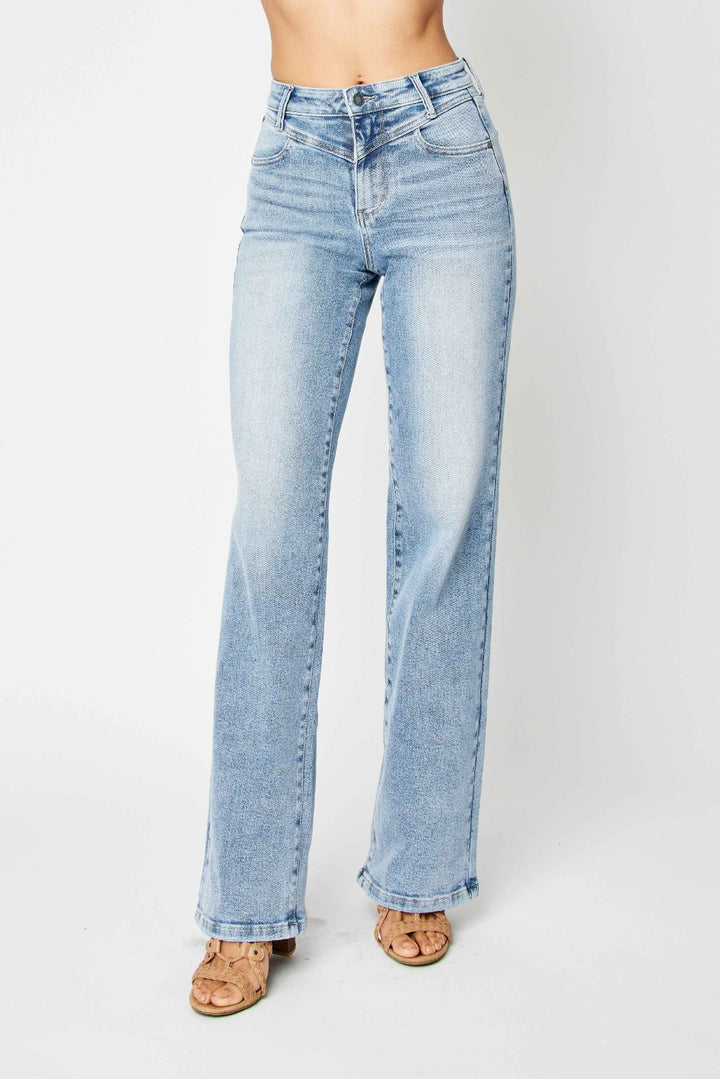 Judy Blue High Rise Medium Wash Retro Front Yoke Wide Leg Jeans