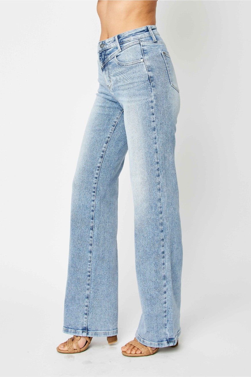 Judy Blue High Rise Medium Wash Retro Front Yoke Wide Leg Jeans