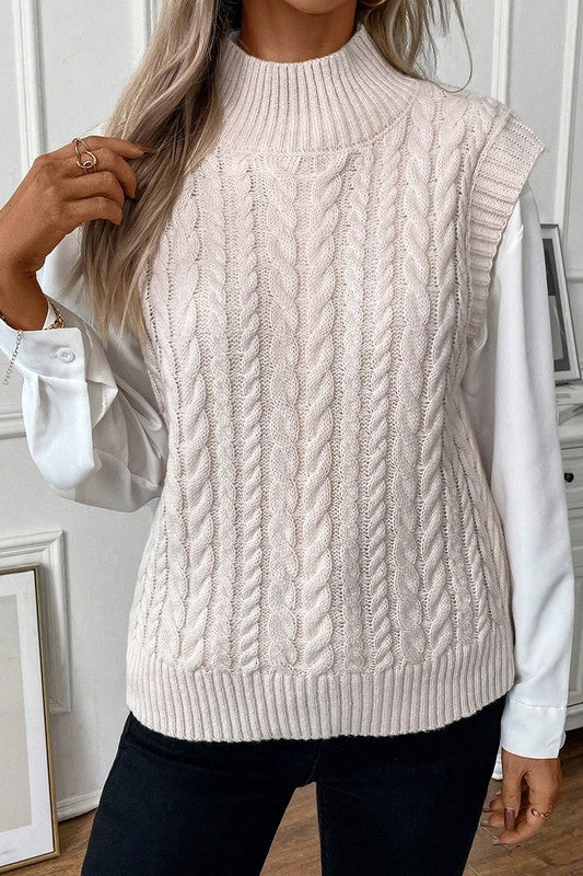 Ribbed Trim High Neck Cable Knit Sweater Vest