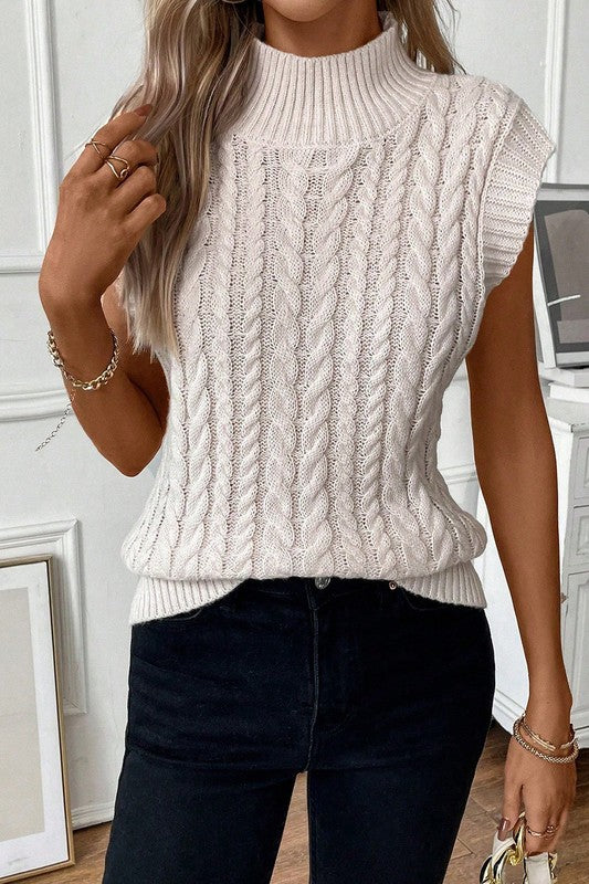 Ribbed Trim High Neck Cable Knit Sweater Vest