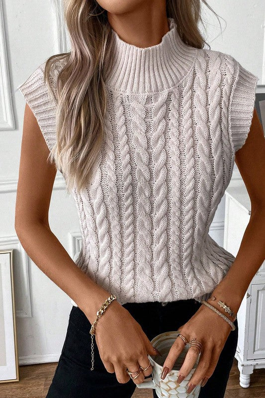 Ribbed Trim High Neck Cable Knit Sweater Vest