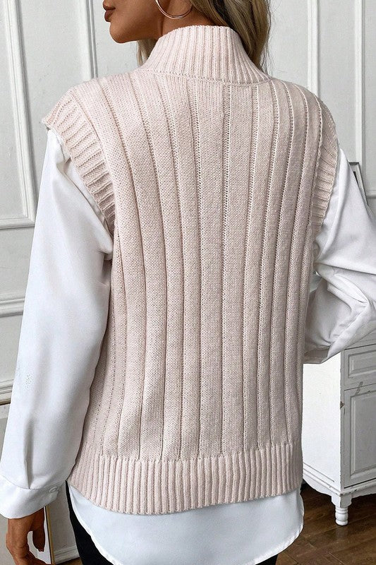 Ribbed Trim High Neck Cable Knit Sweater Vest