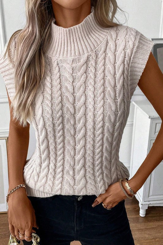 Ribbed Trim High Neck Cable Knit Sweater Vest