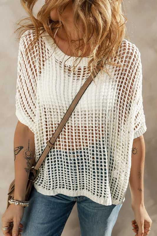 Fishnet Knit Ribbed Round Neck Short Sleeve Sweater Tee