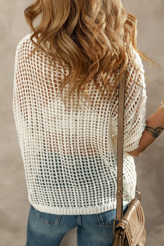 Fishnet Knit Ribbed Round Neck Short Sleeve Sweater Tee