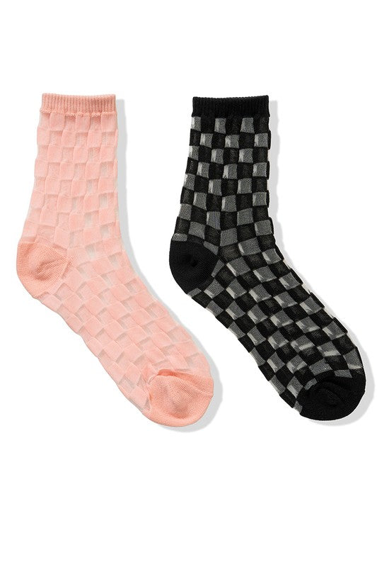 CHECK MESH LACE FASHION CREW SOCKS