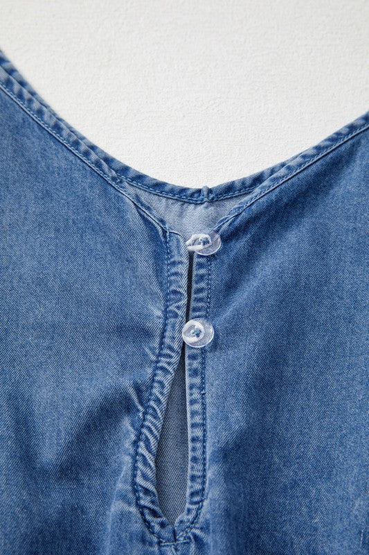 Straps Belted Ruffled DENIM Chambray Romper
