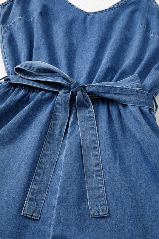 Straps Belted Ruffled DENIM Chambray Romper
