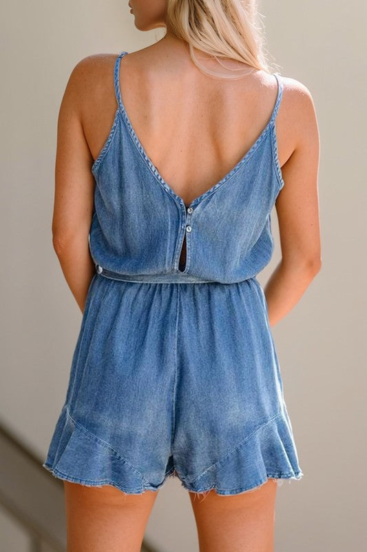 Straps Belted Ruffled DENIM Chambray Romper