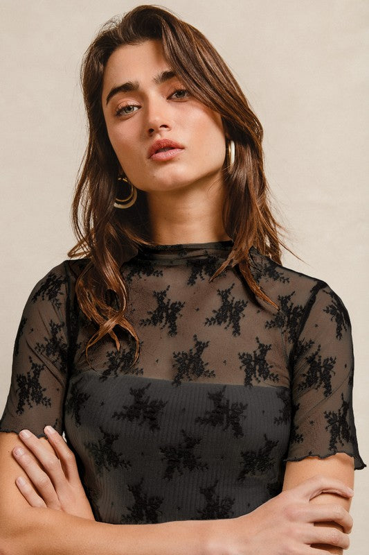 High Neckline Mesh Lace Short Sleeves Top