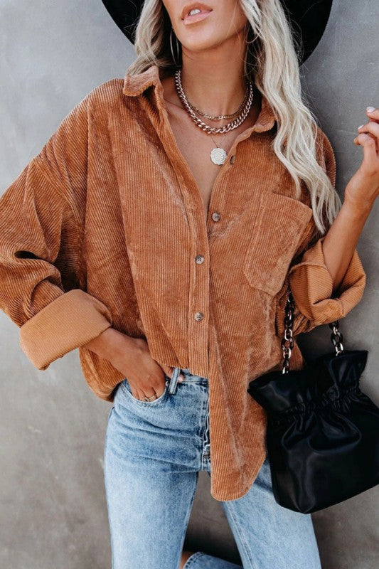 Corduroy Oversized Casual Button-up Shacket