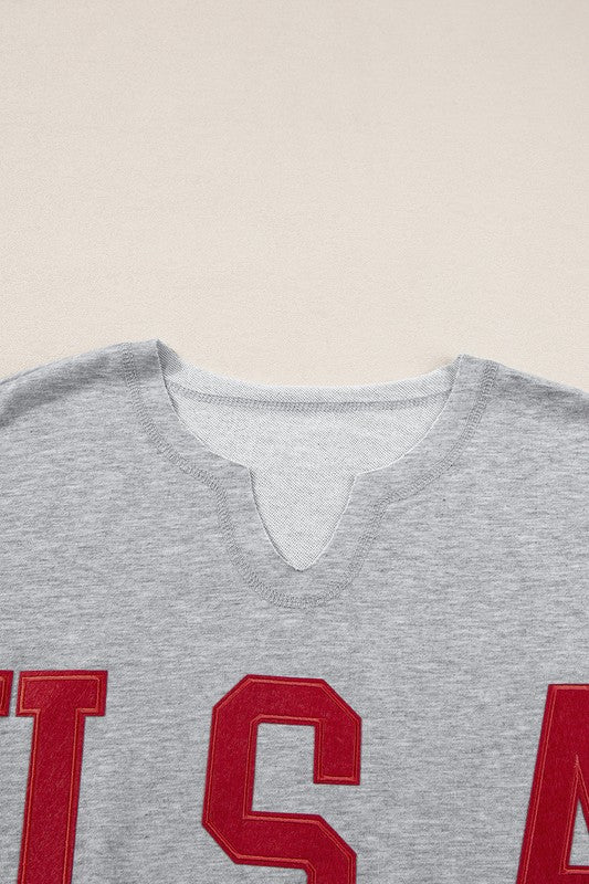 USA Letter Patch Notched Neck Loose Tee