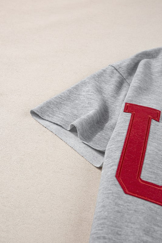 USA Letter Patch Notched Neck Loose Tee