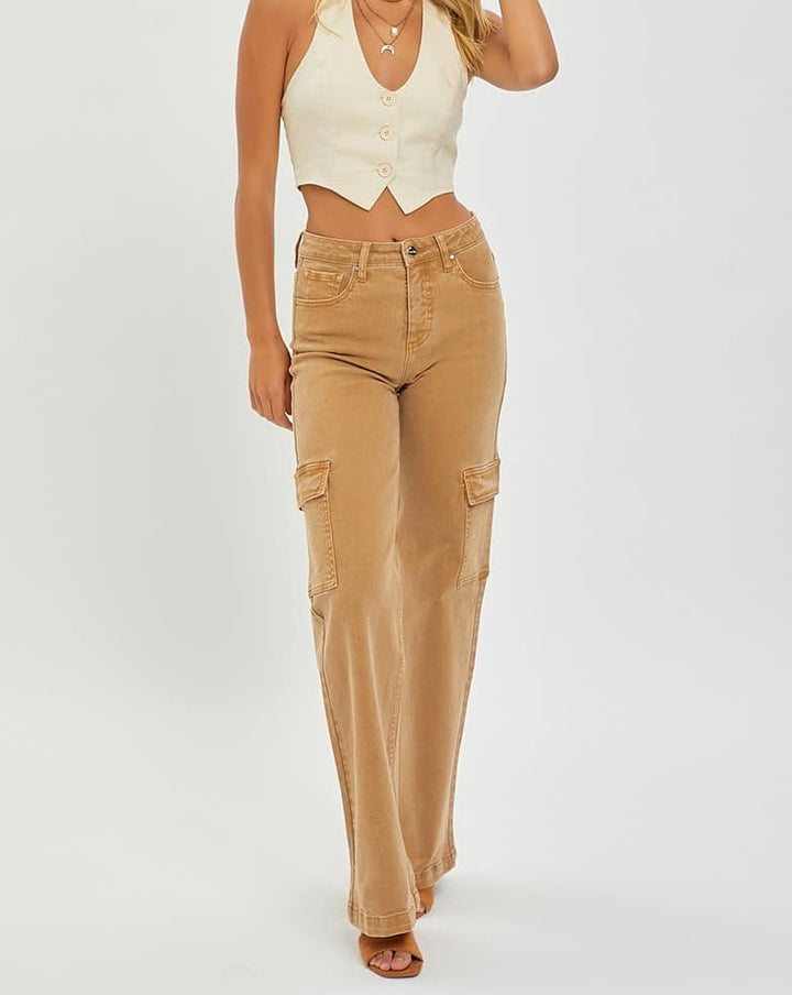 RISEN High Rise Cargo Wide Pants Mocha