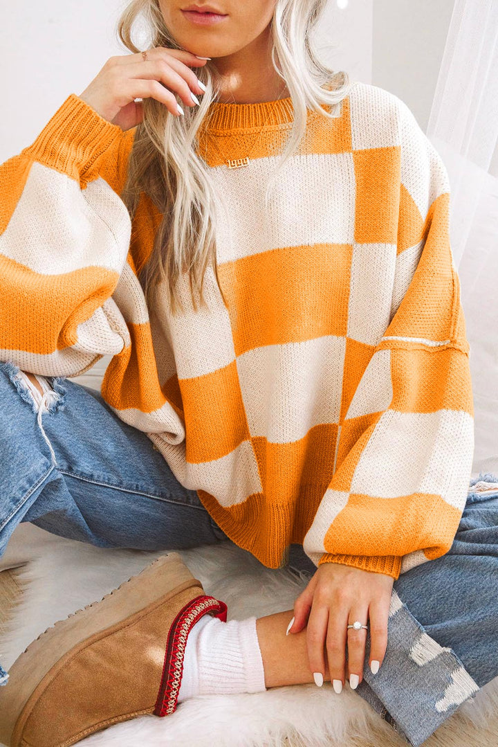 Orange Check Bishop Sleeve Sweater