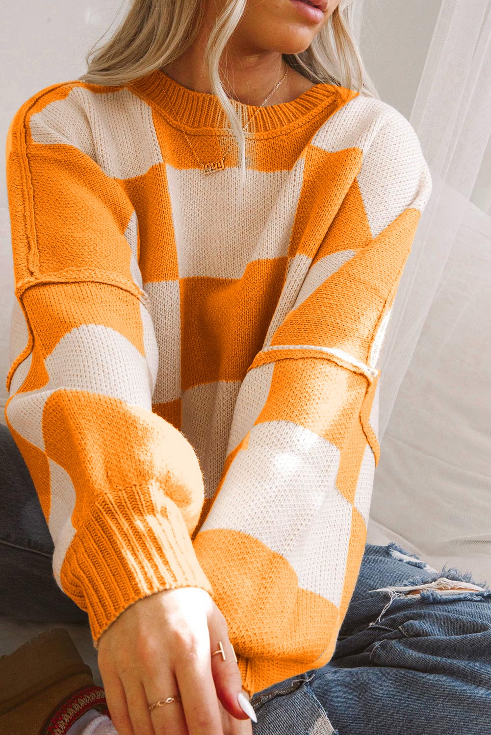 Orange Check Bishop Sleeve Sweater