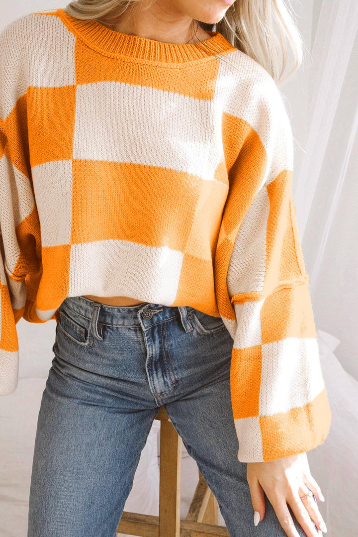 Orange Check Bishop Sleeve Sweater