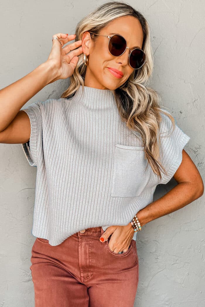 Gray Patch Pocket Ribbed Short Sleeve Sweater